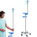 Medical Iv Pole with Wheels, Stainless Steel Adjustable 43.3" to 78.7" Height, Iv Stand with 4 Hook, 5 Caster Base, Tray & Hanging Net for Hospital, Home Infusion Practice and Therapy(Blue,Classic)