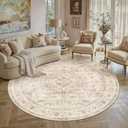 5R Beige Washable Vintage Round Rug for Living Room Bedroom Soft Tranditional Non Slip Throw Rug Lightweight Floral Low Pile Distressed Carpet Entrance Nursery Playroom Office Classroom
