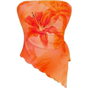 WDIRARA Women's Floral Mesh Strapless Side Ruched Tube Top Asymmetrical Hem Bandeau Crop Tops (Orange), Small WDIRARA Women's Floral Mesh Strapless Side Ruched Tube Top Asymmetrical Hem Bandeau Crop Tops (Orange), Small
