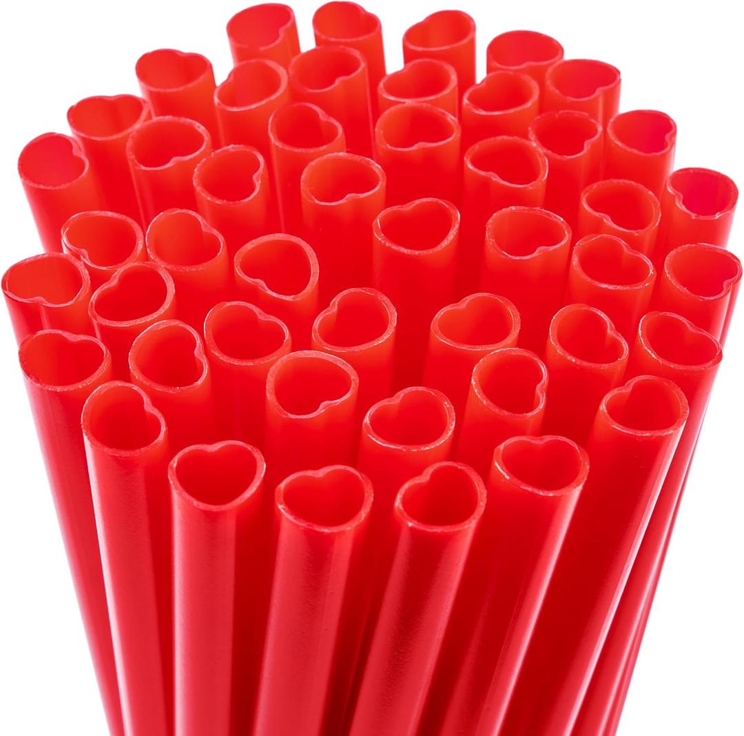 JOYIN 50 Pcs Valentine's Day Heart Shaped Red Straws, 8.3 Plastic Heart Straws Disposable & Reusable, Valentines Day Birthday Wedding Party Bridal Shower Cocktail & Soft Drinks Tableware Supplies