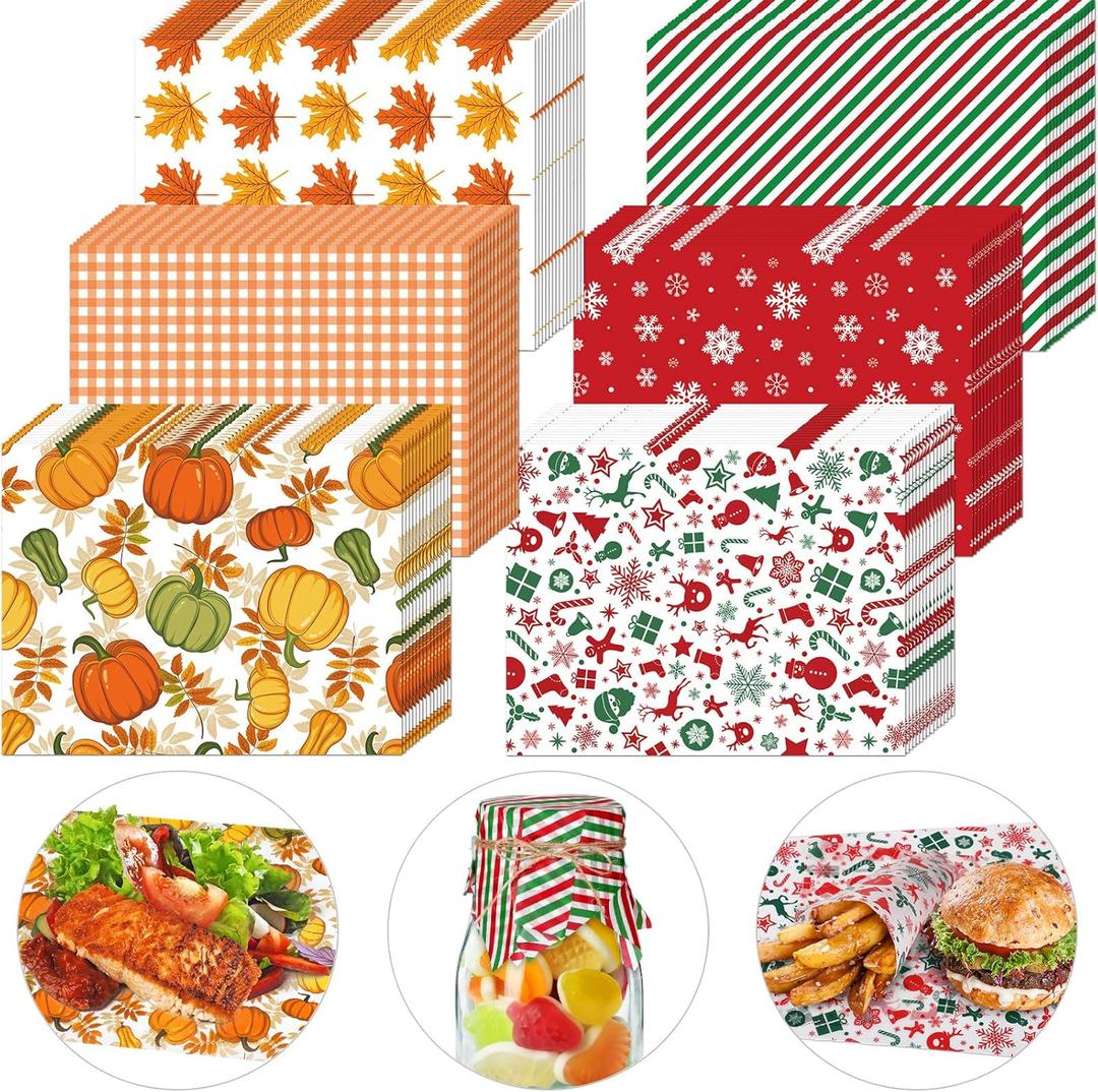 Yeaqee 600 Pieces Fall Wax Paper Sheets Thanksgiving Christmas Parchment Paper Sheets Sandwich Wrapping Pumpkin Maple Leaf Waterproof Oil Food Basket Liners for Autumn Home Party Kitchen