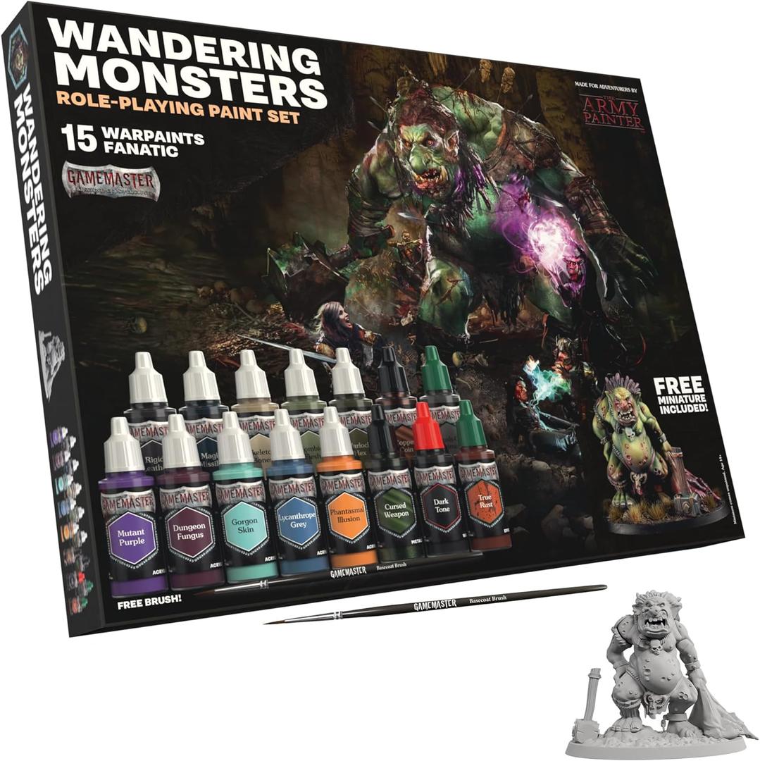 The Army Painter, GameMaster: Wandering Monsters Role-playing Paint Set, 15x18 ml Fanatic Acrylic Paints, incl. Metallics, Wash, Primer, 1 Brush & 1 Free Miniature - For Warhammer & Dnd