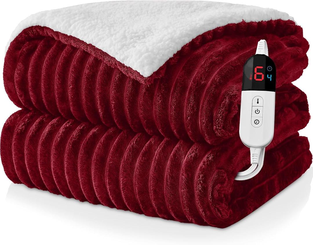 Electric Heated Throw Blanket - 50"x60" Fast Heating Bed Blankets with 6 Heating Levels & 4 Hours Auto Off, Soft Ribbed Flannel Sherpa, Over-Heated Protection ETL, Red