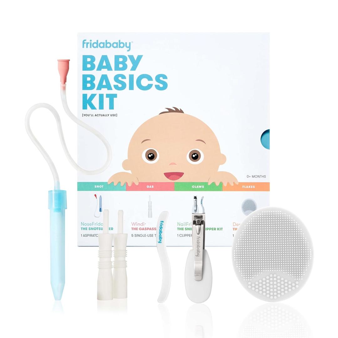 Frida Baby Basics Kit, Baby Essentials Kit Includes Nasal Aspirator Snotsucker, NailFrida Nail Files, Windi Gas Relief, DermaFrida Bath Brush + Silicone Carry Case (1 Count (Pack of 1))