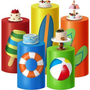 HunnmingRe 5 Pcs Summer Cylinder Pedestal Stand Covers Flexible Cylinder Stand Covers for Beach Tropical Party Backdrop Baby Shower Birthday Wedding Dessert Tables Decor Party Display Decor