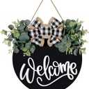 Welcome Sign for Front Door Porch Decor Farmhouse Wreath Wall Decor 30cm Round Wooden Hanging Housewarming Home Decor for Home Outdoor Indoor (Black)