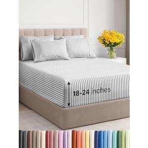 Extra Deep King Sheet Set - 6 Piece Breathable and Cooling Sheets - Hotel Luxury Bed Sheets Set - Easy Fit - Soft, Wrinkle Free and Comfy Sheets Set - Grey Striped Sheet Set with Extra Deep Pockets