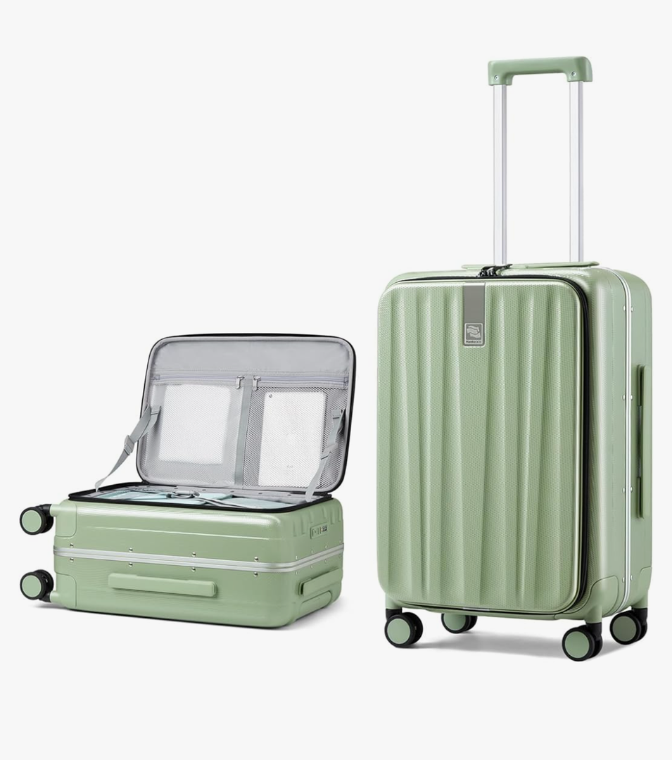 Hanke 24 Inch Checked Luggage PC Hard Shell luggage Top Opening Aluminum Frame Travel Luggage Suitcases with Wheels for Woman Men.(Bamboo Green)