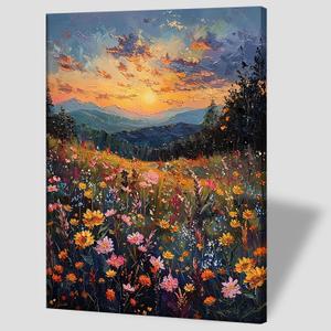 Framed Sunset Wildflower Field Canvas Wall Art Floral Landscape Painting for Living Room Gallery Style Nature Poster Print Botanical Picture Painting Artwork 16x24 Inch Ready to Hang