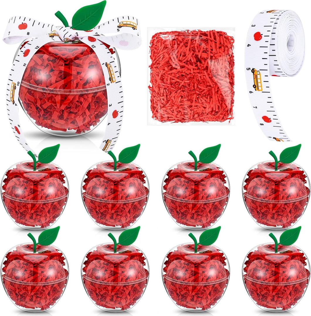 8 Sets Back to School Teacher Gifts Bulk Large Clear Apple Container Plastic Candy Apple Boxes Snack Jar with Red Raffia for Wedding Christmas Party Favors Classroom Decorations Table Centerpiece