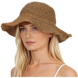 Oweisong Sun Hats for Women Wide Brim Floppy Beach Hats Packable Boho Crochet Straw Hat for Summer Vacation Travel (Brown)