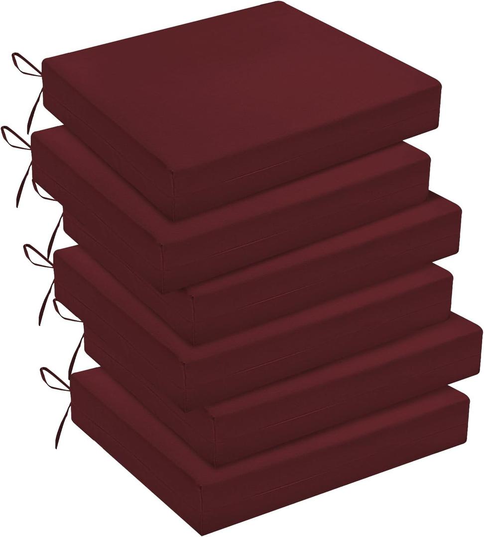 Downluxe Outdoor Chair Cushions Set of 6 for Patio Furniture, Water-Resistant Square Corner Patio Chair Cushions with Ties, High Density Foam Outdoor Seat Cushion, 18.5" X 16" X 3", Burgundy