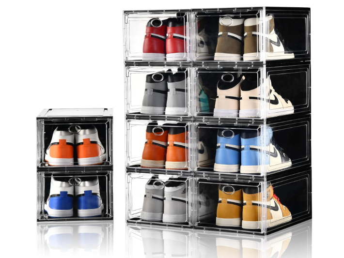 Amllas 10 Pack Shoe Boxes Stackable,Upgraded Sturdy Storage Boxes with Clear Magnetic Door,Multifunctional Sneaker Organizer Fit up to US Size 12 (13.8”x 9.84”x 7.1”)