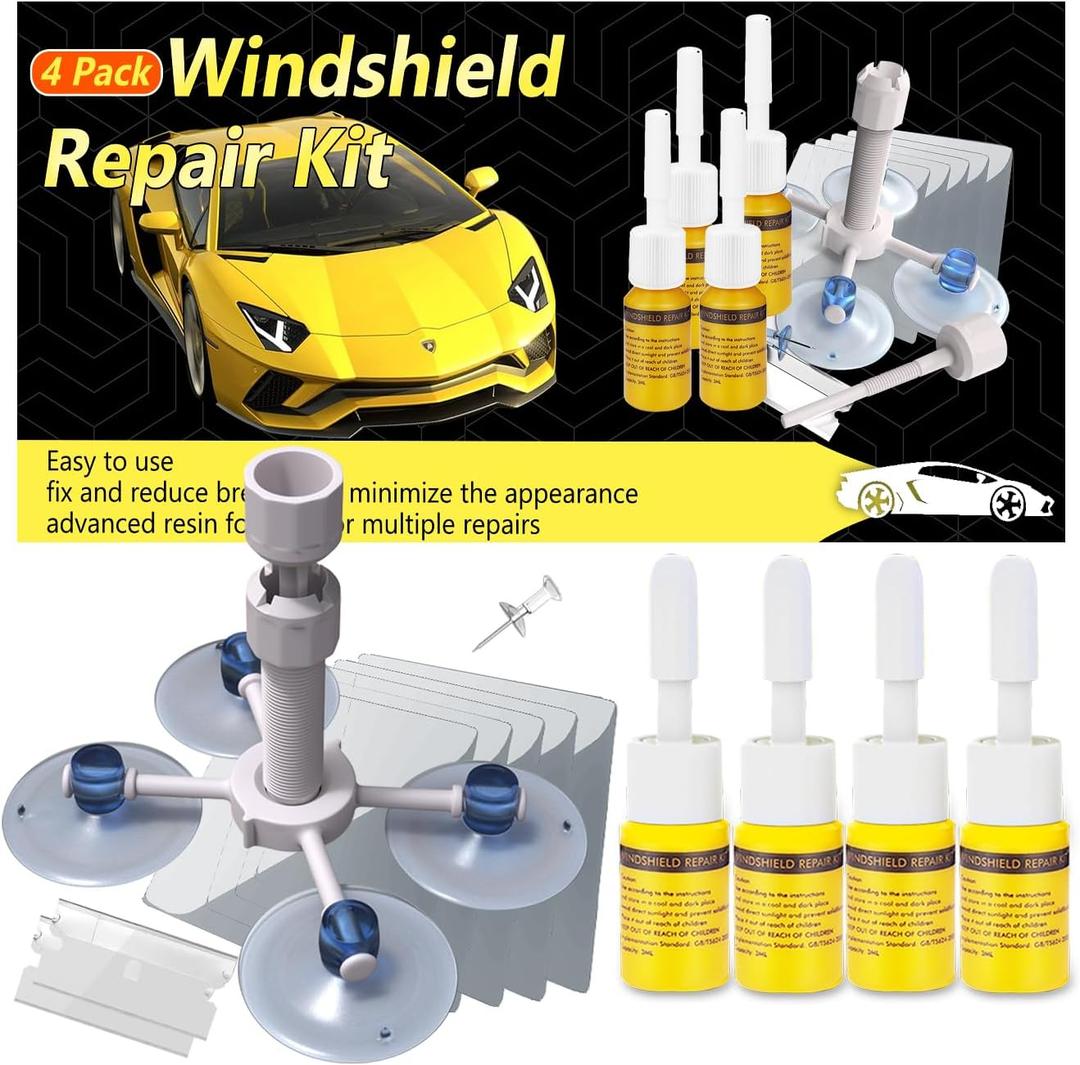 3 x CLAMPER Windshield Crack Repair Kit, Windshield Repair Kit for Chips and Cracks, 4 Pcs Car Glass Repair Kit, Cracks Gone Glass Repair Kit Automotive Quick Fix for Chips, Cracks, Bullseyes (Yellow)