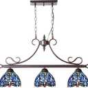 Capulina Tiffany Lamp Stained Glass Pool Table Light 3-Lights 7 Inches Wide Antique Blue Dragonfly Tiffany Style Chandelier Pendant Light for Kitchen Island Dining Room Billiards Room Farmhouse