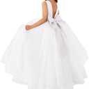 MCieloLuna Flower Girls Satin Tulle Princess Pageant Dress for Wedding Kids Pearls Prom Ball Gowns with Bow-Knot (2, White)