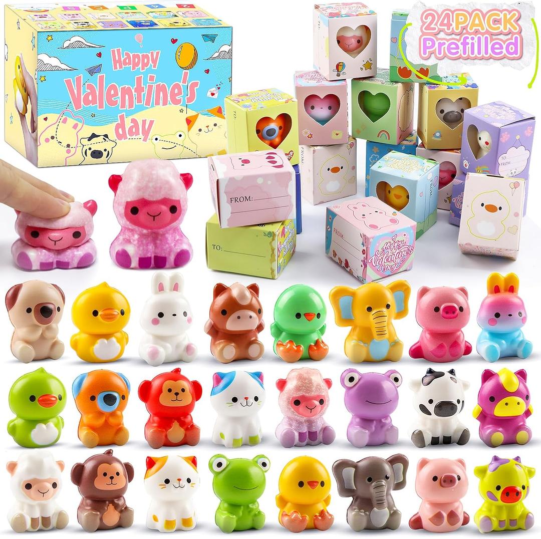 Valentines Day Gifts for Kids, Prefilled Valentines Box with 24PCS Animal Squishy Toys, Valentine Exchange Gifts for Boys Girls School Classroom