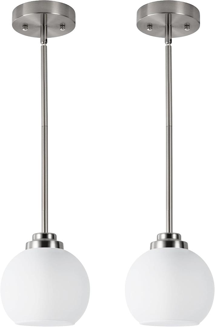 2 Pack Globe Pendant Light Fixtures, Brushed Nickel Hanging Ceiling Lights with White Frosted Glass Shades, Adjustable House Indoor Light for Kitchen Island
