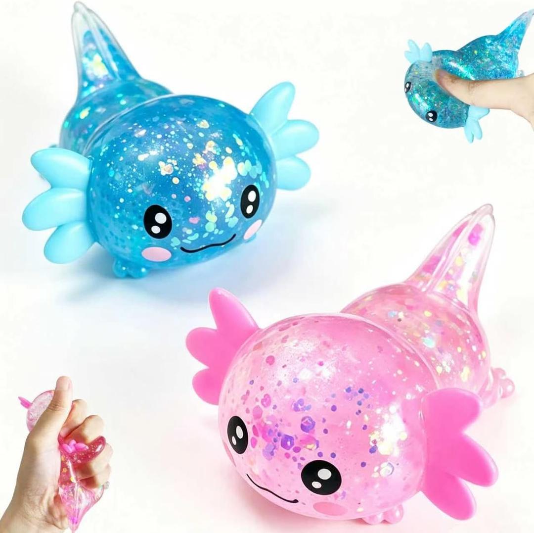 2pack Glitter Axolotls Squishies Toy, Axolotls Stress Relief Toy,Soft Squeeze Sensory Fidget Gadget for Teen & Adult, Office Desk Decor, Party Favors (Blue+Pink)