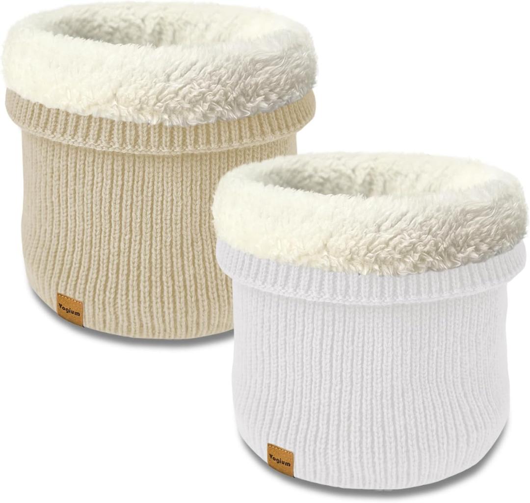 Unisex Kids Fleece-Lined Ribbed Thermal Knit Neck Warmer Gaiter | Dual Layer Winter Scarf Face Cover for Skiing Hiking (Beige/White)