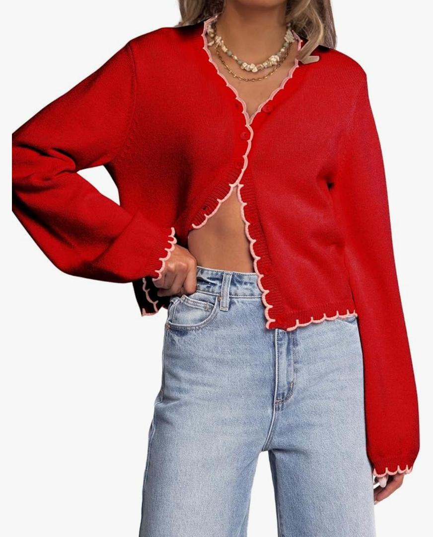 Women Long Sleeve Cardigan Button Down Knit Jackets Open Front Cropped Contrast Color Trim Sweaters Fall Winter Medium