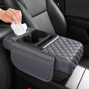 5 in 1 Car Center Console Cover, Armrest Pad with 2 Storage Pockets, Cup Holder, Tissue Box Slot, Phone Holder, Universal Car Interior Organizer (Gray)