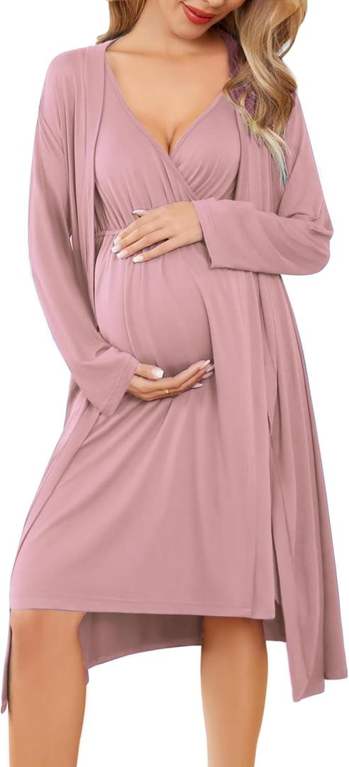 Ekouaer Maternity Nursing Gown and Robe Set Labor Delivery Nursing Nightgowns for Breastfeeding Pregnancy Clothes (X-Large, Mauve)