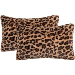 Leopard Print Faux Fur Throw Pillow Covers, 12x20 Inch, Set of 2, Soft Plush Animal Print Decorative Lumbar Cushion Cases for Sofa Bed Chair | Safari-Inspired Decor in Warm Terracotta Brown