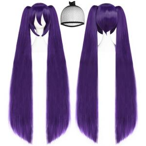 ANOGOL Hair Cap+ 48inch/120cm Long Purple Wig with Double Ponytails Dark Purple Lolita Wigs with Bangs Pigtail Wigs for Anime Cosplay Long Straight Synthetic Hair Halloween Costume Themed Party