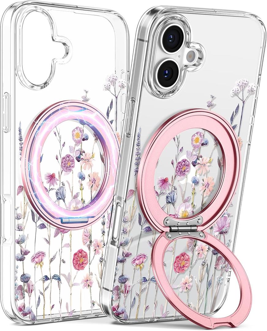 Loheckle for iPhone 16 Case - Compatible with MagSafe Stand Women Girls Cute Clear Girly Aesthetic Kawaii Unique Design Soft TPU Built-in Magnetic Stand Phone Cover for Apple 16, Purple Flower
