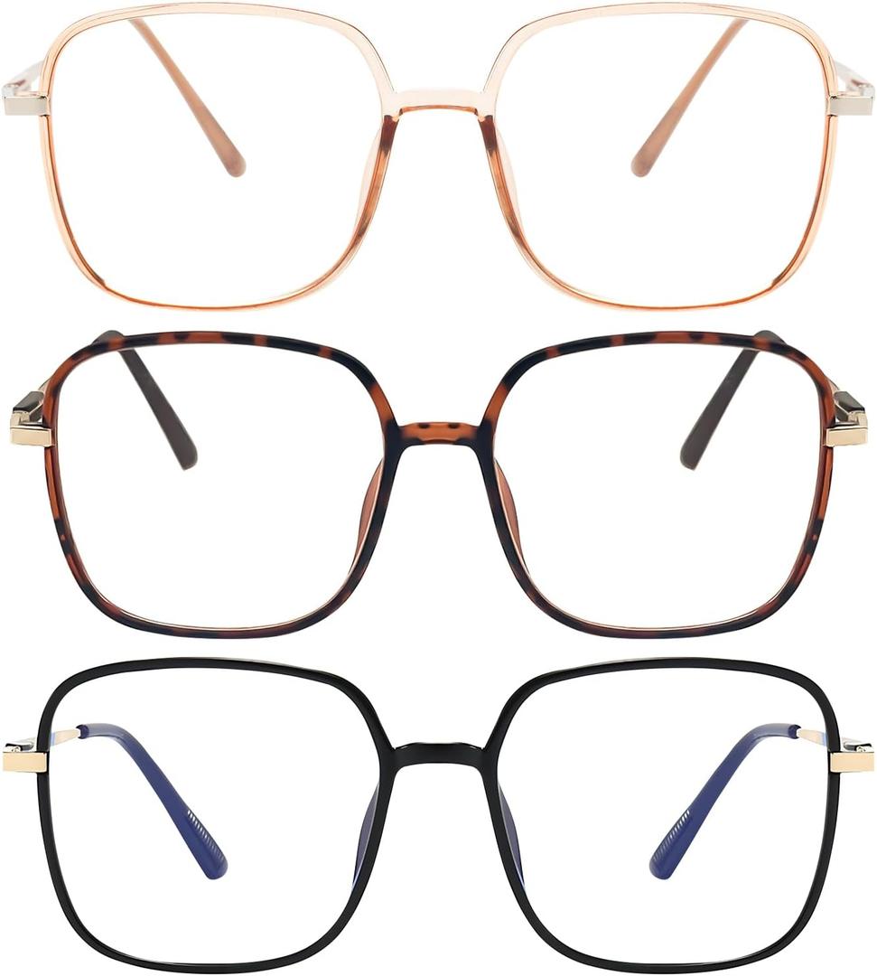3 Pack Oversized Reading Glasses for Women Men, Large Super Light Frame Blue Light Blocking Readers Eyeglasses (Black,tortoiseshell,brown)