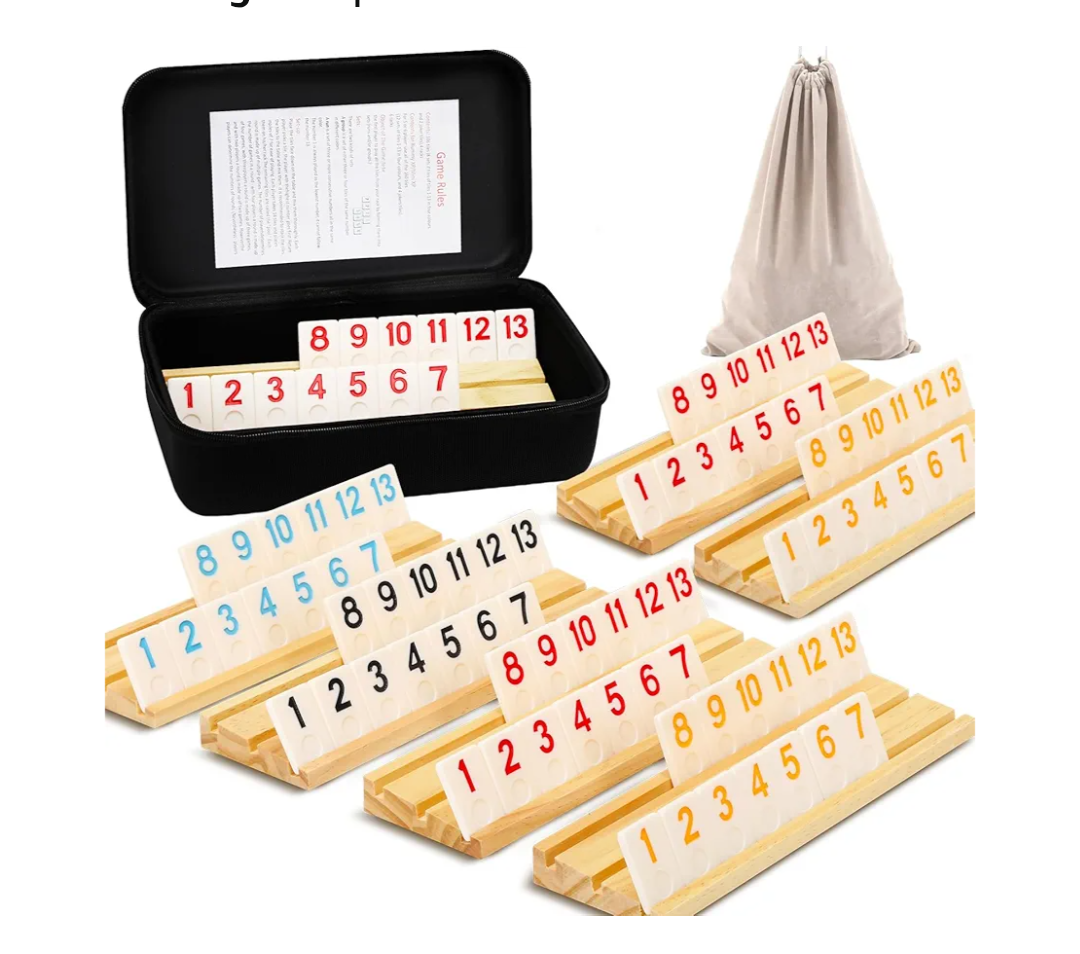 Upgraded 2-6 Players Rummy Game with 6 Wooden Racks, 160 Melamine Tiles, Drawstring Bag, Premium Portable Case, Tile Board Games for Adults & Kids Age 8+, Birthday Gifts for Women Men Dad Mom