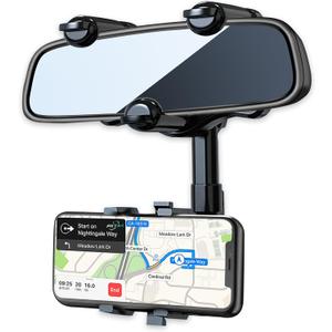 PKYAA Rearview Mirror Phone Holder for Car, 360 Rotating Rear View Mount with Adjustable Arm Length, Multifunctional and GPS Universal Car All Smartphones