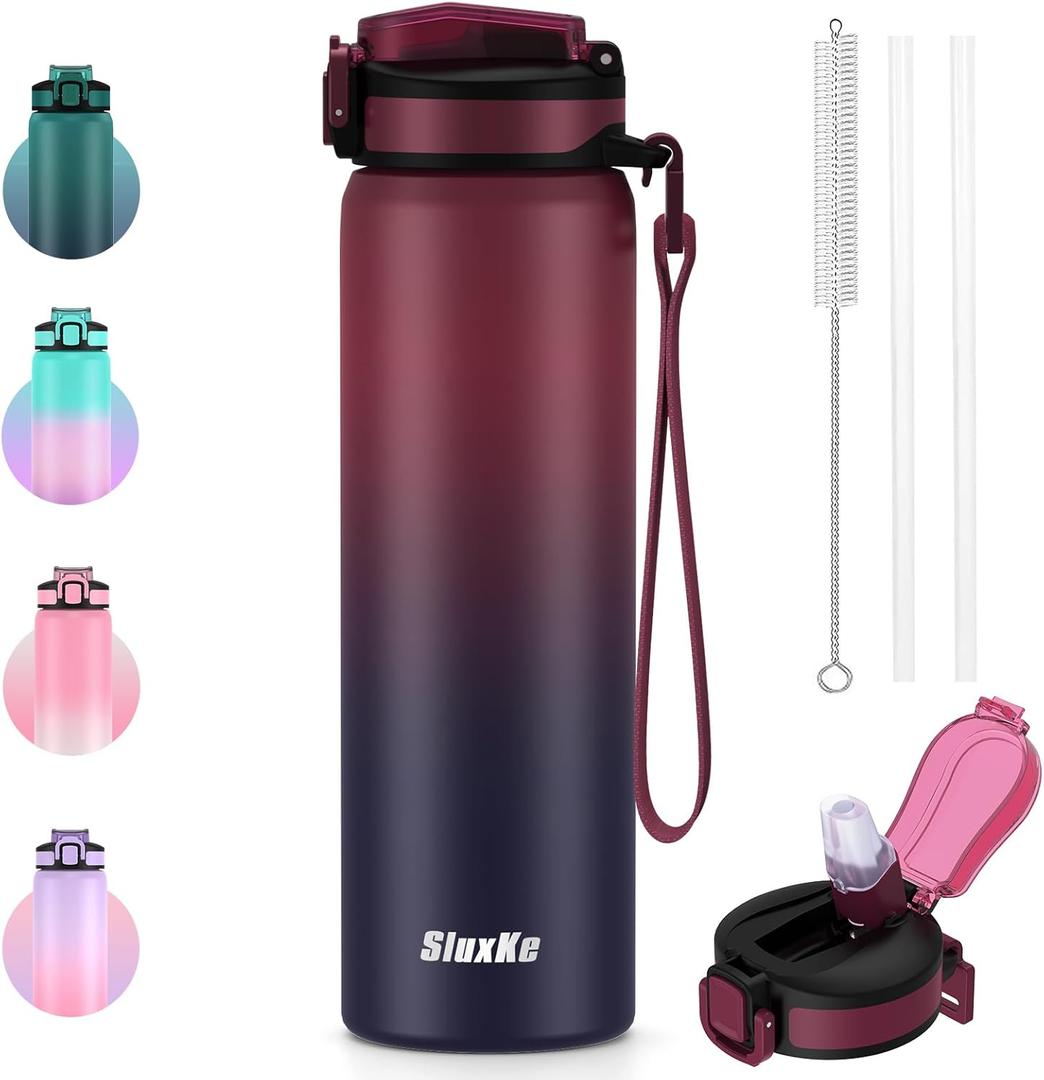 Stainless Steel Insulated Water Bottle, 24oz Insulated Drinking Bottle with Straw Lid, Keep Drinks Cold or Hot, for Work, Sport, Outdoor (Red Black)