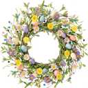 Sggvecsy 20 Inch Easter Wreath Spring Wreath Artificial Flower with Colorful Eggs Daisies Berries Eucalyptus Leaves for Front Door Easter Summer Farmhouse Holiday Wall Home Window Decor