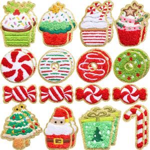 WILLBOND 28 Pcs Red Green Christmas Desserts Chenille Patches, Self Adhesive Cupcake Candy Ice Cream Embroidered Patches for Clothing Jackets Backpacks Christmas Party DIY Accessories
