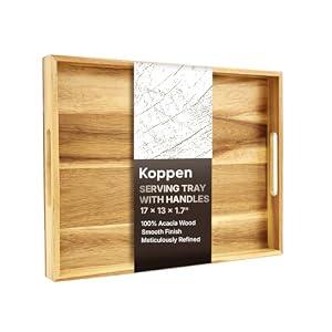 Koppen Acacia Wood Serving Tray with Handles, 17" x 13.86", Large Wooden Platter for Breakfast, Ottoman Tray for Party, Snacks, Fruit, Coffee Table, Living Room, Sofa, Bed, Outdoor