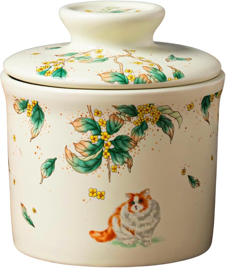 Stoneware Butter Crock with Lid, Ceramic Butter Dish with Water Line, Countertop Butter Keeper, Butter Holder for Countertop, Warm Ivory