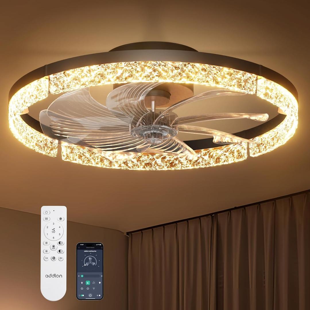 addlon Ceiling Fans with Lights and Remote, 20'' Low Profile Flush Mount Ceiling Fan, 30006000K Dimmable LED Fandelier, Bladeless Crystal Fan Light for Bedroom, Kitchen, Living Room, Black