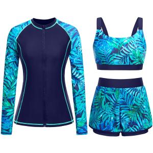 3 Piece Rash Guard for Women - Long Sleeve Swimsuits with Shorts SPF Zip up Swim Shirt with Built in Bra, M