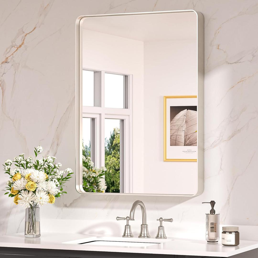 Keonjinn Brushed Nickel Mirror 24 x 32 Inch Silver Bathroom Mirror for Over Sink, Rounded Rectangle Farmhouse Vanity Mirror, HD Tempered Glass Wall Mirror, Aluminum Alloy Frame (Horizontal/Vertical) (32"L x 24"W)
