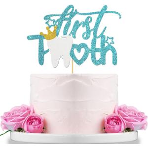 WeBenison First Tooth Cake Topper/Baby Shower/Baby 6 Months/First Tooth Party Decorations Supplies Blue Glitter