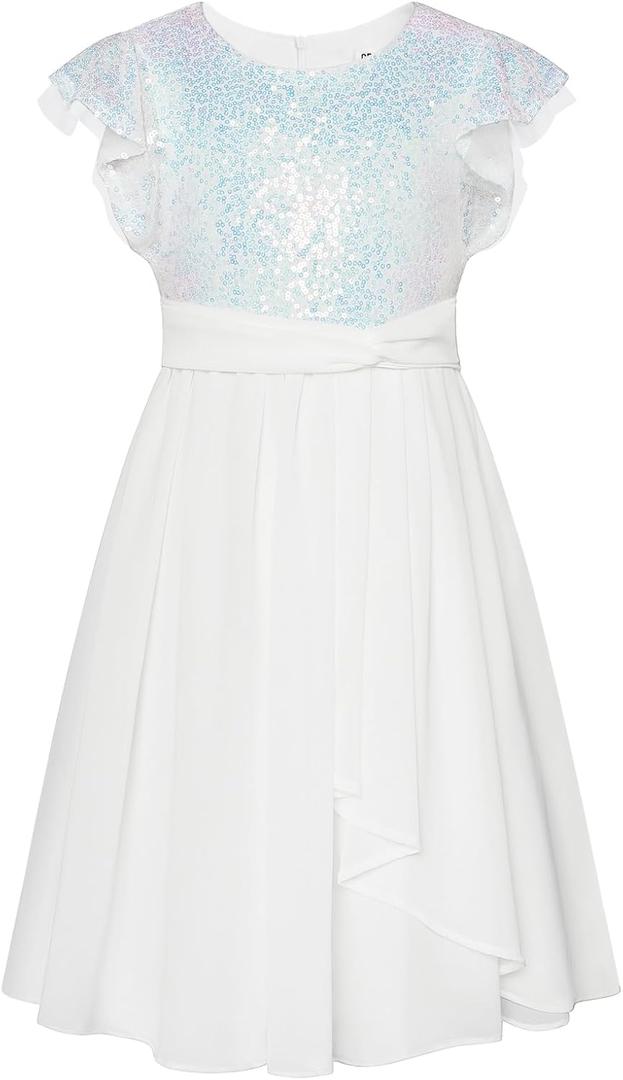 GRACE KARIN Girls Sequin Dress Party Birthday Prom Formal Fancy Midi Dress 5-12 Years (White)