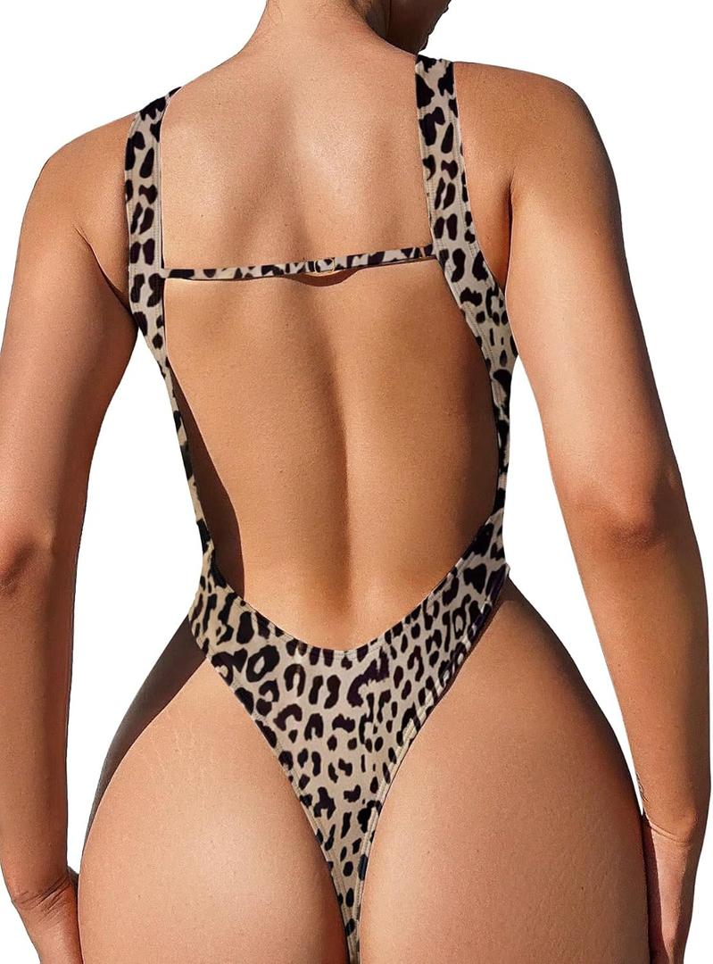 Foxiny Sexy Backless Cheeky High Cut Leg Thong V Neck One Piece Swimsuit (XL)