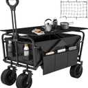 DWVO Collapsible Wagon Cart with Table Plate, Large Capacity Folding Utility Wagon, Adjustable Handle Height Foldable Utility Garden Cart, Outdoor Beach Wagon for Camping, Shopping, Sports, Black