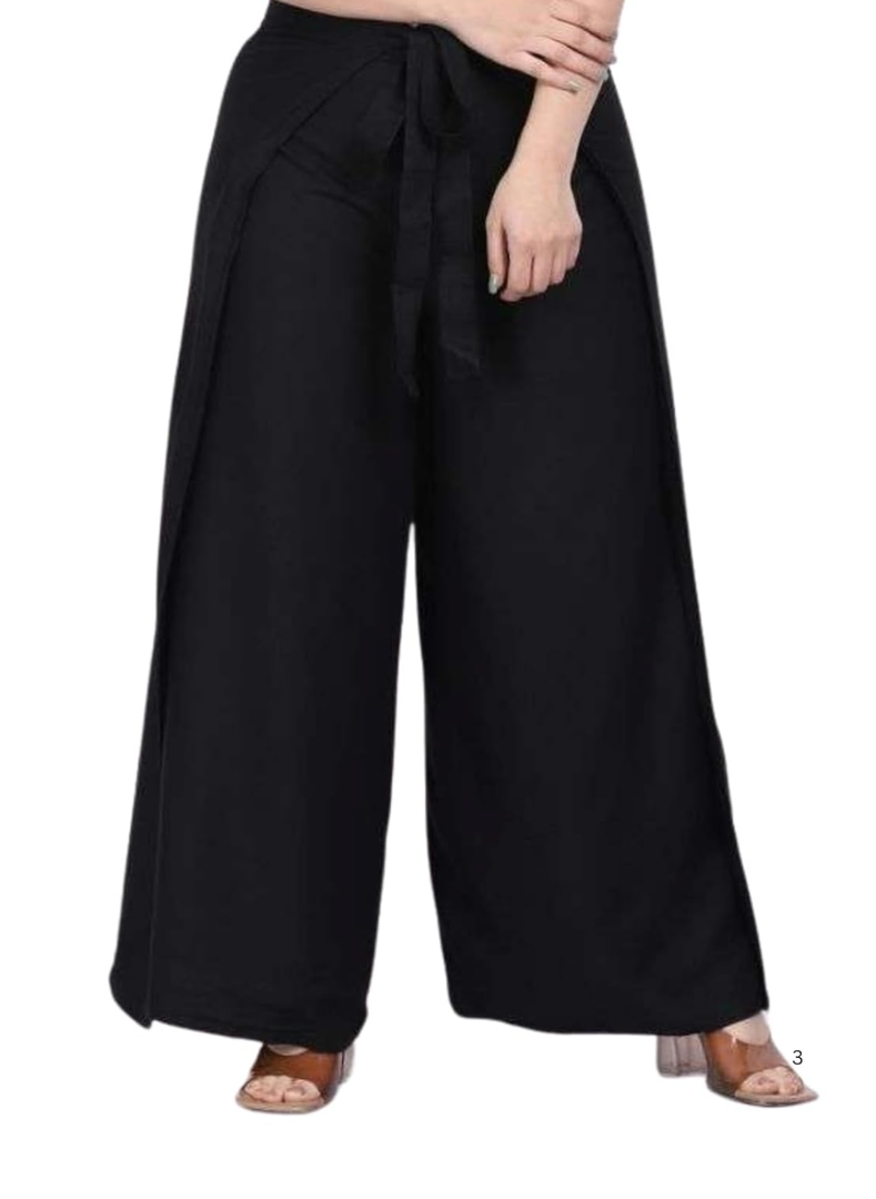 Wevez Women's Rayon Black Boho Palazzo Pants, Yoga Wide Leg Pants Wrap Tie Up Waist, L