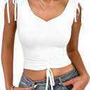 AGECODE Womens V Neck Tank Tops Sleeveless Tie Shoulder Drawstring Ruched Summer Going Out Crop Tops White Medium (White, M)