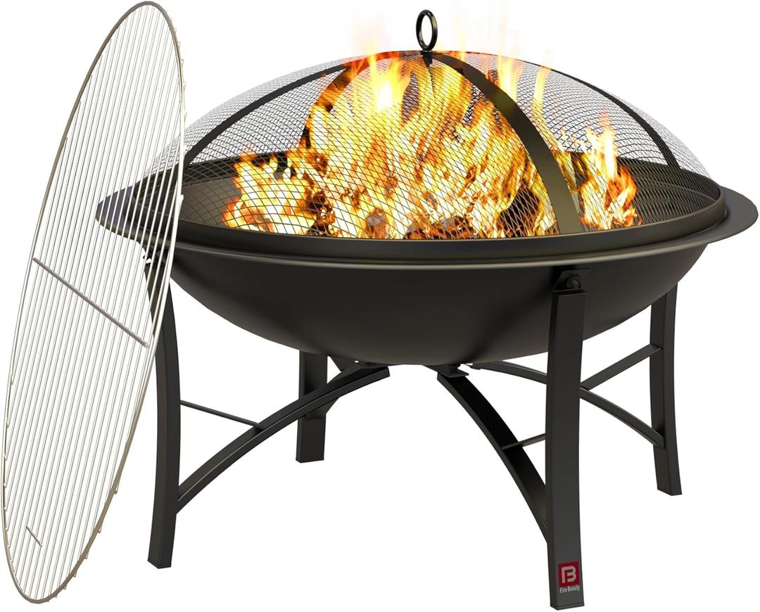 Fire Beauty Fire Pit for Outside Wood Burning,BBQ Grill Steel Fire Bowl with Cooking Grate,Spark Screen Cover,Log Grate,Poker for Camping Beach Bonfire Picnic Backyard Garden (Black+Chrome Grill)