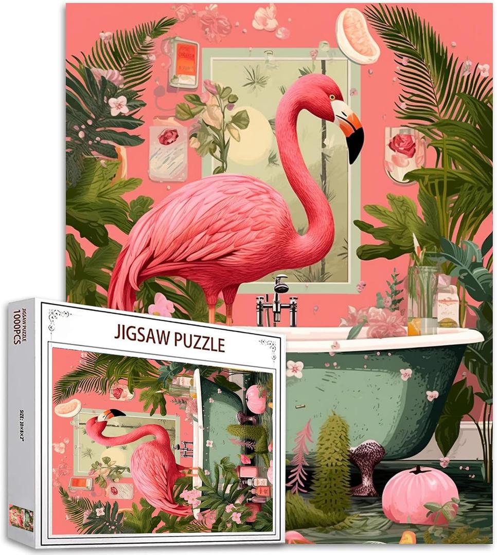 1000 Piece Jigsaw Puzzles for Adults, Bathtub Jungle Animal Jigsaw Puzzles Funny Animals Bathroom Pink Flamingo Puzzle Challenging Family Activity Perfect for Game Nights Puzzle Wall Art Decor