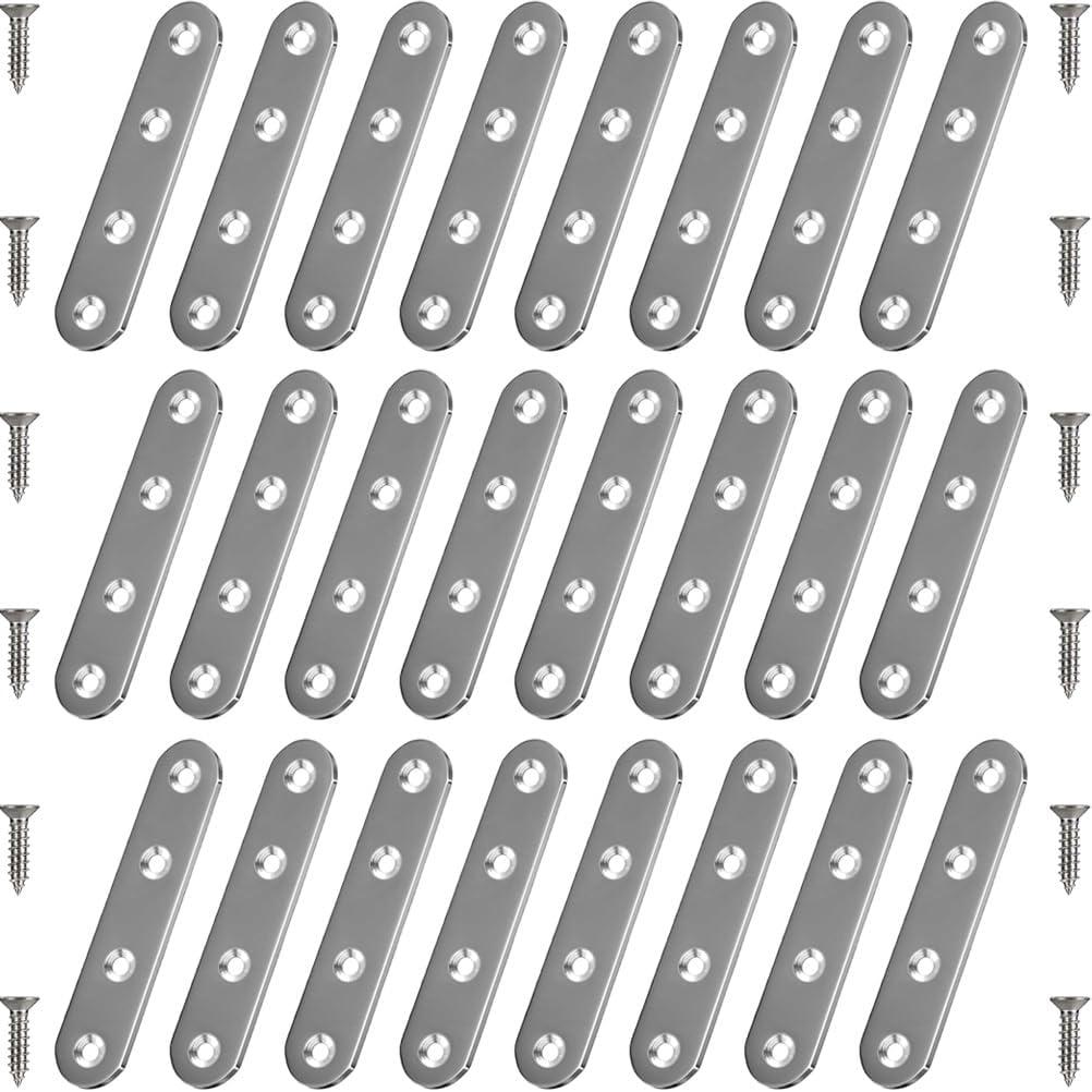 24 Pack Straight Brace Brackets 3 Inch Stainless Steel Flat Mending Plates, Heavy Duty Repair Fixing Joining Brackets for Wood Furniture with Screws, Silver, CAM-S8016-24